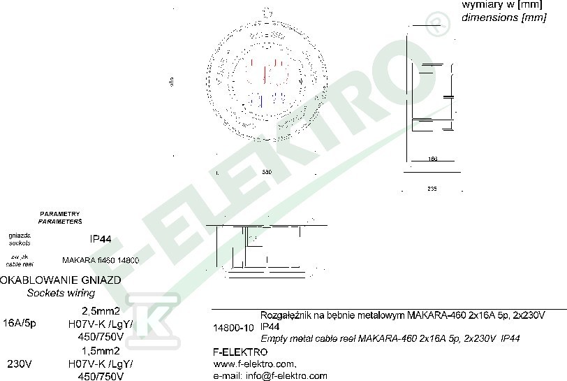 Rozgałęźnik bębnowy, MAKARA-460 16A 5p, - 14800-11